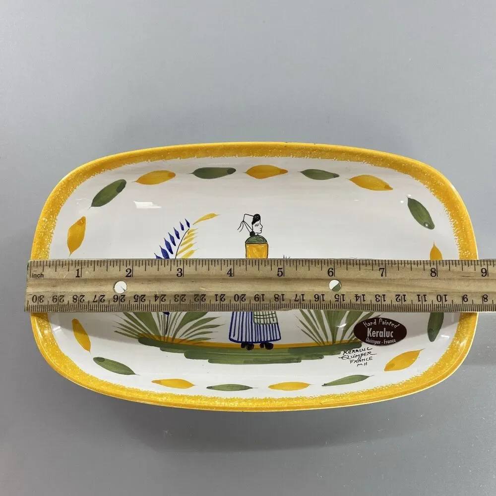 Vintage Keraluc Quimper France Hand Painted Faience Breton Dish Tray Yellow Trim